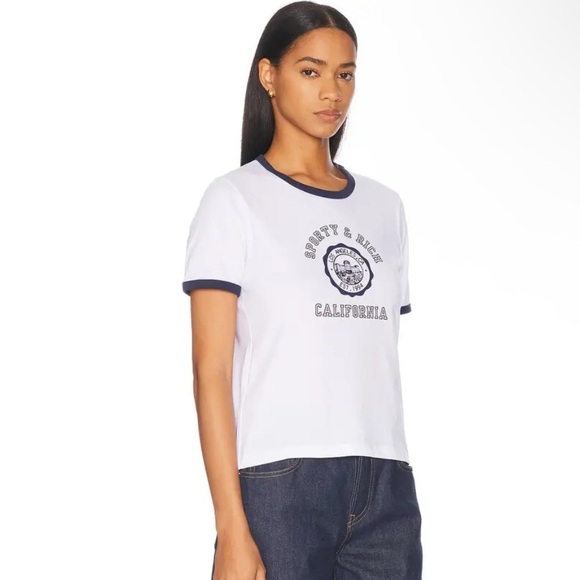 SPORTY & RICH California Emblem Ringer Short Sleeve White/Navy Blue Tee - Picture 3 of 11